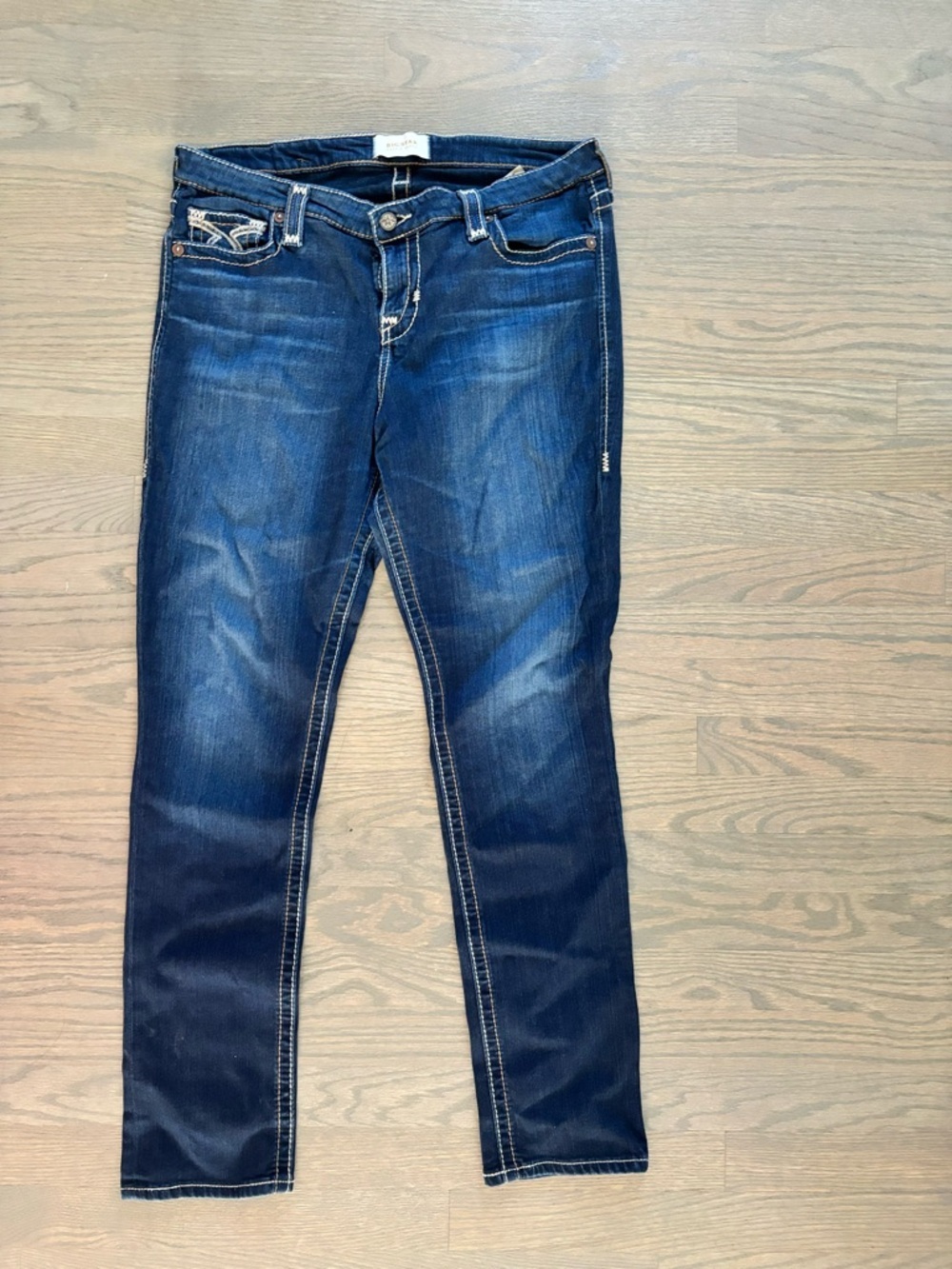 Big star embellished dark blue wash contrast stitching skinny jeans size 34R